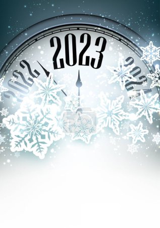 Blue Christmas clock showing 2023 with big snowflakes. New year background with space for text.