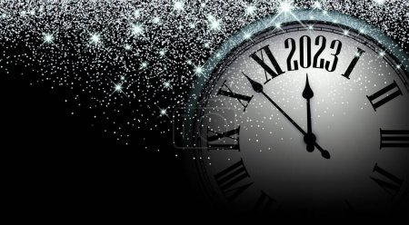 Half hidden clock showing 2023 on back background with snow and stars. Space for text.