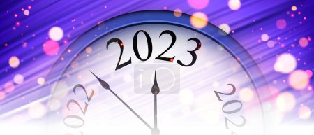 Illustration for Half hidden clock showing 2023 on purple brushstrokes background with bokeh. Space for text. - Royalty Free Image