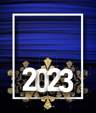 Illustration for 2023 sign with big golden sparkly snowflake on blue brush strokes background. Space for text. - Royalty Free Image