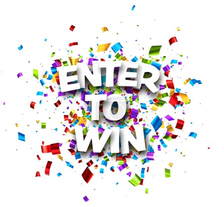 Illustration for Enter to win sign on cut ribbon confetti background. Vector illustration. - Royalty Free Image