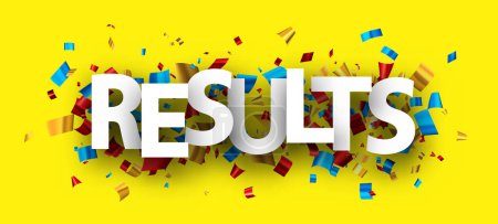 Illustration for Results sign over colorful cut out foil ribbon confetti backgrou - Royalty Free Image