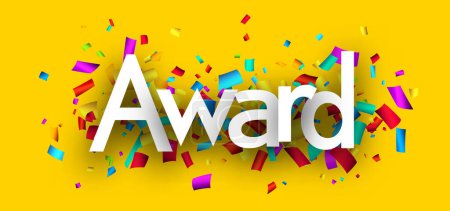 Award sign over colorful cut out ribbon confetti on yellow background. Design element. Vector illustration.