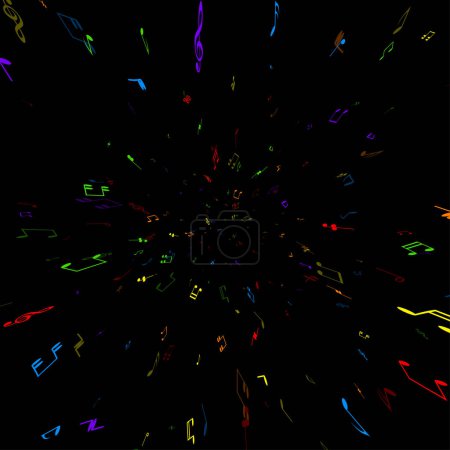 Ilustración de Notas musicales coloridas perspectiva confeti sobre fondo negro. Volando en el cosmos con efecto de alta velocidad. Elemento de diseño. Ilustración vectorial. - Imagen libre de derechos