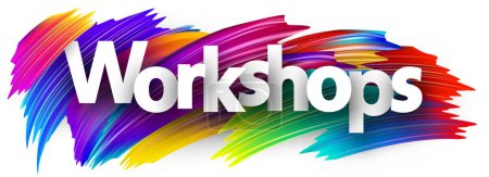 Illustration for Workshops paper word sign with colorful spectrum paint brush strokes over white. Vector illustration. - Royalty Free Image