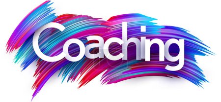Coaching paper word sign with colorful spectrum paint brush strokes over white. Vector illustration.