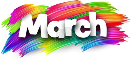 Signo de palabra de papel de marzo con pinceladas de pincel de espectro colorido sobre blanco. Ilustración vectorial.