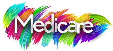 Ilustración de Signo de palabra de papel de Medicare con pinceladas de pincel de espectro colorido sobre blanco. Ilustración vectorial. - Imagen libre de derechos