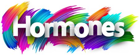 Signo de palabra de papel de hormonas con pinceladas de pincel de espectro colorido sobre blanco. Ilustración vectorial.