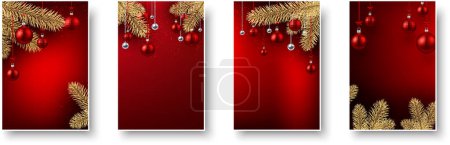 Illustration for Christmas greeting card templates. Red winter paper mock up with golden fir branches and christmas balls. New year flat lay, top view, copy space. Vector illustration. - Royalty Free Image