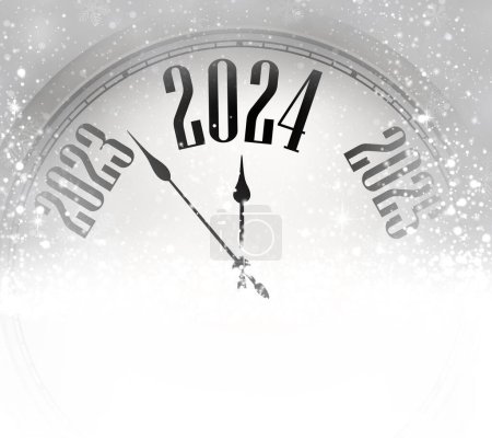 Ilustración de Año Nuevo 2024 reloj de cuenta atrás sobre fondo claro con nieve. Ilustración vectorial. - Imagen libre de derechos
