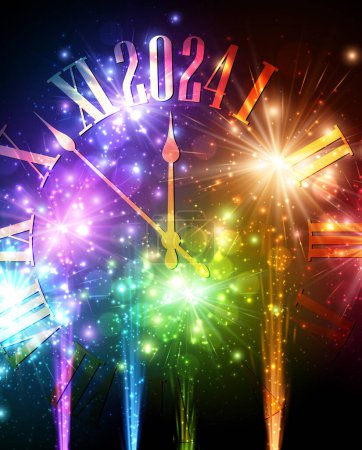 New Year 2024 countdown clock on beautiful orange, green and blue fireworks display lights up the sky during night time celebration. Vector illustration.
