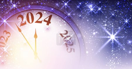 New Year 2024 countdown clock with purple stars and lights. Vector illustration.
