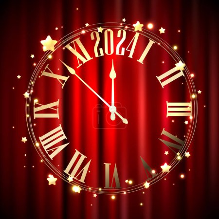 Ilustración de Año Nuevo 2024 cuenta atrás reloj de oro con estrellas doradas sobre fondo de satén rojo. Ilustración vectorial. - Imagen libre de derechos