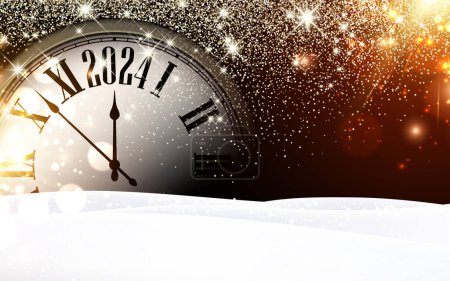 New Year 2024 countdown clock over golden sand on black background with snow. Vector illustration.