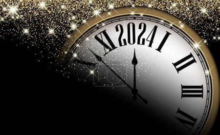 New Year 2024 countdown clock over golden sand on black background. Vector illustration.