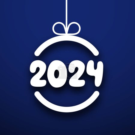 Neujahr 2024 Hintergrund mit weißen Papierzahlen in runden Weihnachtskugel mit Schatten auf blauem Hintergrund. Vektorillustration.