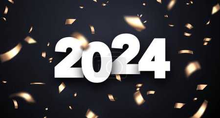 Ilustración de Año Nuevo 2024 fondo con números de papel blanco con papel dorado confeti borrosa sobre fondo oscuro. Ilustración vectorial. - Imagen libre de derechos