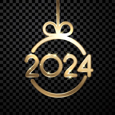Ilustración de Números metálicos dorados de Año Nuevo 2024 en bola de Navidad sobre fondo de lujo transparente oscuro. Ilustración vectorial. - Imagen libre de derechos