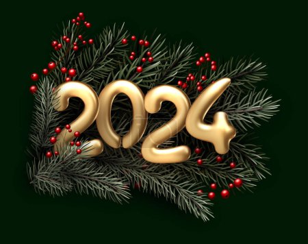 Ilustración de Feliz año nuevo 2024 letras doradas hechas de globos brillantes sobre fondo verde con ramas de abeto y bayas rojas. Ilustración vectorial. - Imagen libre de derechos