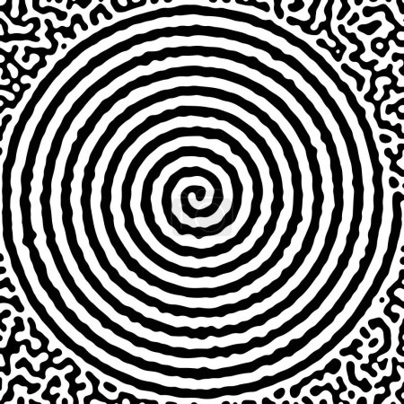 Illustration for Black and white spiral with abstract Turing ornament halftone reaction diffusion psychedelic background. Vector generative algorithm illustration. - Royalty Free Image