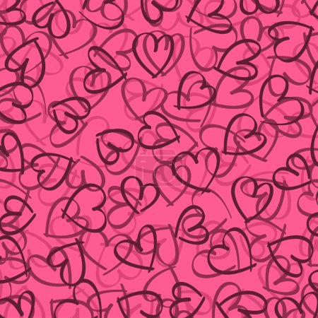 Téléchargez les illustrations : Coeurs dessinés à la main dans différentes nuances de rose et de rouge, sur un fond rose vif. Illustration vectorielle - en licence libre de droit