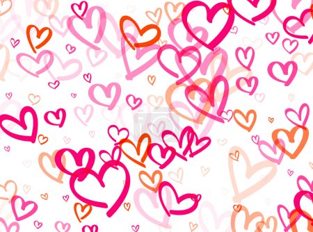 Verspielte Anordnung von Herzen in Rosa- und Orangetönen, die einen dynamischen Fluss über die Leinwand erzeugen. Vektorillustration