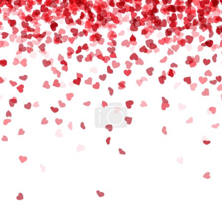 Illustration for Dense shower of hearts in deep red tones, gradually dispersing towards the bottom on a white background. Vector illustration - Royalty Free Image