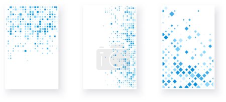 A trio of abstract designs with varying patterns of blue squares, pixelated reminiscent of digital art. Vector illustration