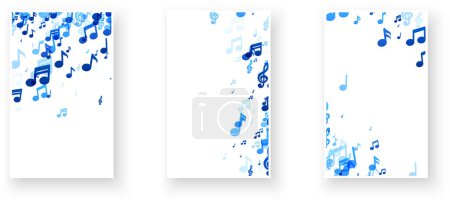 Ein Trio vertikaler Paneele, jedes mit einer einzigartigen Anordnung blauer Musiknoten verziert, wodurch ein visuell harmonisches Set entsteht, das sich ideal für thematische Dekoration oder Hintergrundbeleuchtung eignet..
