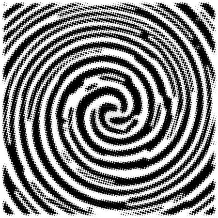 Design spiralé noir et blanc envoûtant qui crée l'illusion optique d'un vortex tourbillonnant, avec densité de points créant profondeur et mouvement.