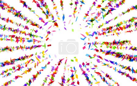 Foto de Un plano dinámico de gran angular que captura la vibrante explosión de piezas de confeti multicolores sobre un fondo blanco prístino, perfecto para temas panorámicos de celebración de eventos. - Imagen libre de derechos