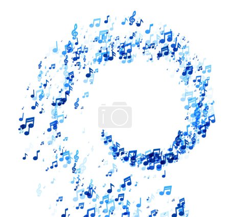 Un dinámico remolino circular de notas de música azul, creando un flujo energético y rítmico que evoca la naturaleza cíclica de una composición musical.