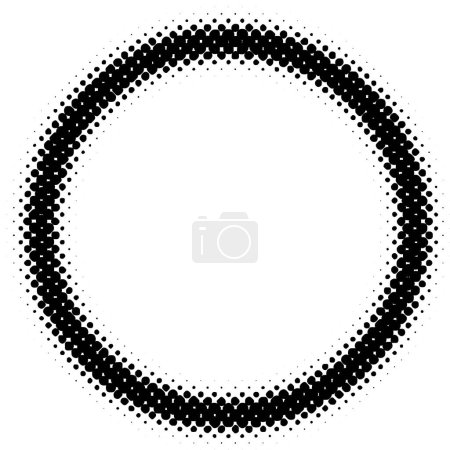 A dynamic black and white halftone pattern creating a circular design with a gradient effect from dense dots in the center to sparse on the edges.
