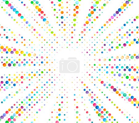 Téléchargez les illustrations : Une cascade animée de points colorés coule en diagonale sur un fond blanc, créant un motif abstrait dynamique et ludique. - en licence libre de droit