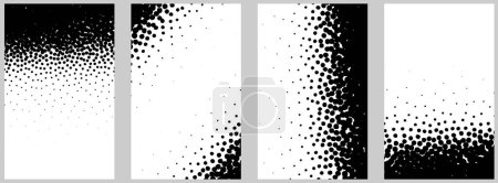 Ein Quartett von Bildern mit einem verblassenden schwarzen Punkt-Matrix-Design, das eine Illusion von Bewegung und Tiefe auf weißem Hintergrund schafft
