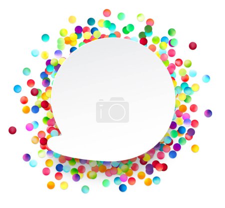 Foto de Una pancarta circular central en blanco rodeada de un animado spray de puntos de colores, perfecta para anuncios festivos o marcas alegres. - Imagen libre de derechos