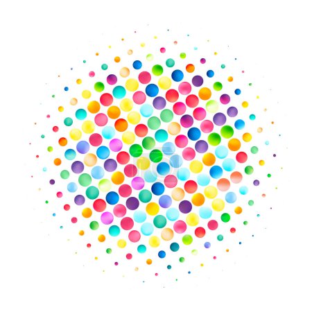 Téléchargez les illustrations : Pois multicolores rayonnants, créant un motif abstrait captivant et joyeux sur un fond blanc. - en licence libre de droit