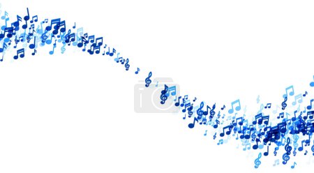 Eine schwungvolle Welle blauer Musiknoten auf weißem Hintergrund symbolisiert den Fluss und die Bewegung, die einer lebendigen Musikkomposition innewohnen..