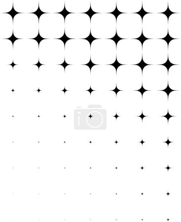 Téléchargez les illustrations : Un gradient monochrome d'étoiles noires diminuant en taille et espacement sur un fond blanc, adapté aux arrière-plans ou aux textures. - en licence libre de droit