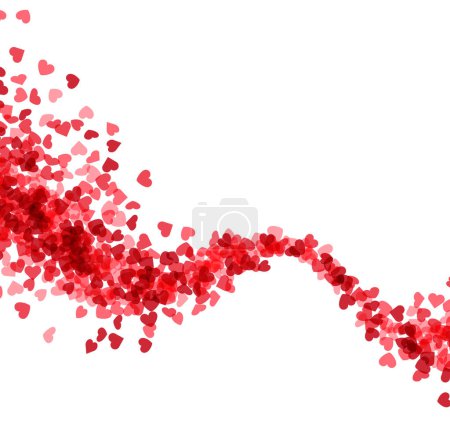 Eine verspielte und romantische Welle aus roten und rosafarbenen herzförmigen Konfetti, die über einen weißen Hintergrund verstreut ist und Liebe, Feier und Freude symbolisiert.