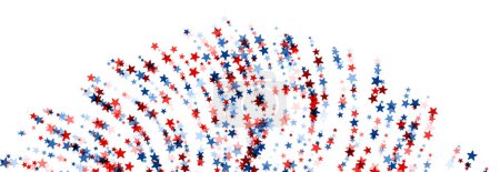 Foto de Un despliegue dinámico de estrellas rojas, blancas y azules que fluyen diagonalmente, evocando un tema patriótico sobre un fondo blanco. - Imagen libre de derechos