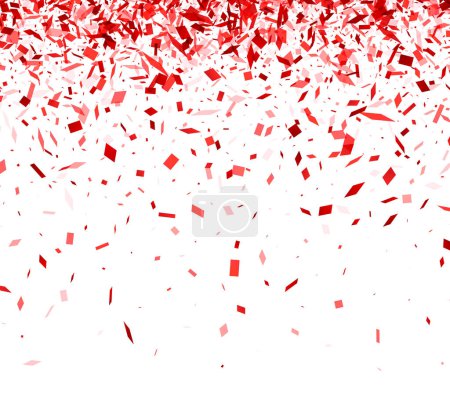 Una vívida lluvia de piezas de confeti rojo, en transición de denso a escaso, sobre un fondo blanco prístino, evocando un ambiente festivo