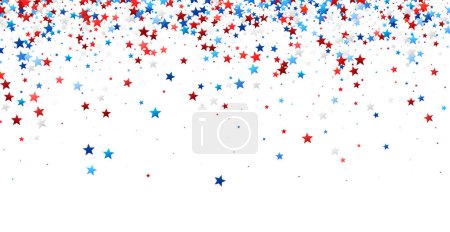Illustration for Dense cascade of red, white, and blue stars thinning towards the bottom, reminiscent of a festive American flag in the sky. - Royalty Free Image