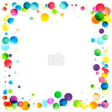 Las burbujas coloridas y translúcidas forman un borde animado alrededor de un espacio blanco en blanco, perfecto para temas alegres y alegres..