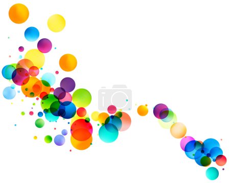 Ein dynamisches Arrangement transluzenter, mehrfarbiger Blasen schwebt über einen weißen Hintergrund und schafft eine lebendige und lebendige abstrakte Szene.