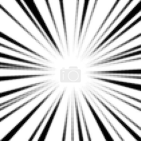 A black and white halftone radial burst pattern, with dotted lines creating a gradient effect from the center to the edges, suggestive of a retro comic book explosion.