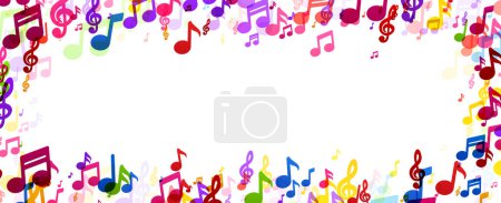 Ilustración de Una vibrante variedad de notas musicales en múltiples colores dispersos alrededor de los bordes de un fondo blanco, perfecto para diseños temáticos y decoraciones. - Imagen libre de derechos