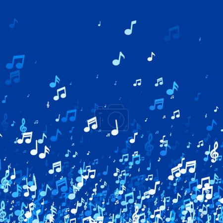 A sweeping cascade of blue music notes descends across a navy backdrop, suggesting the flow of a melodic rhapsody.