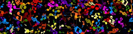 Illustration for A lively and colorful confetti of music notes spread across a dark background, capturing the celebratory essence of music and festivity. - Royalty Free Image